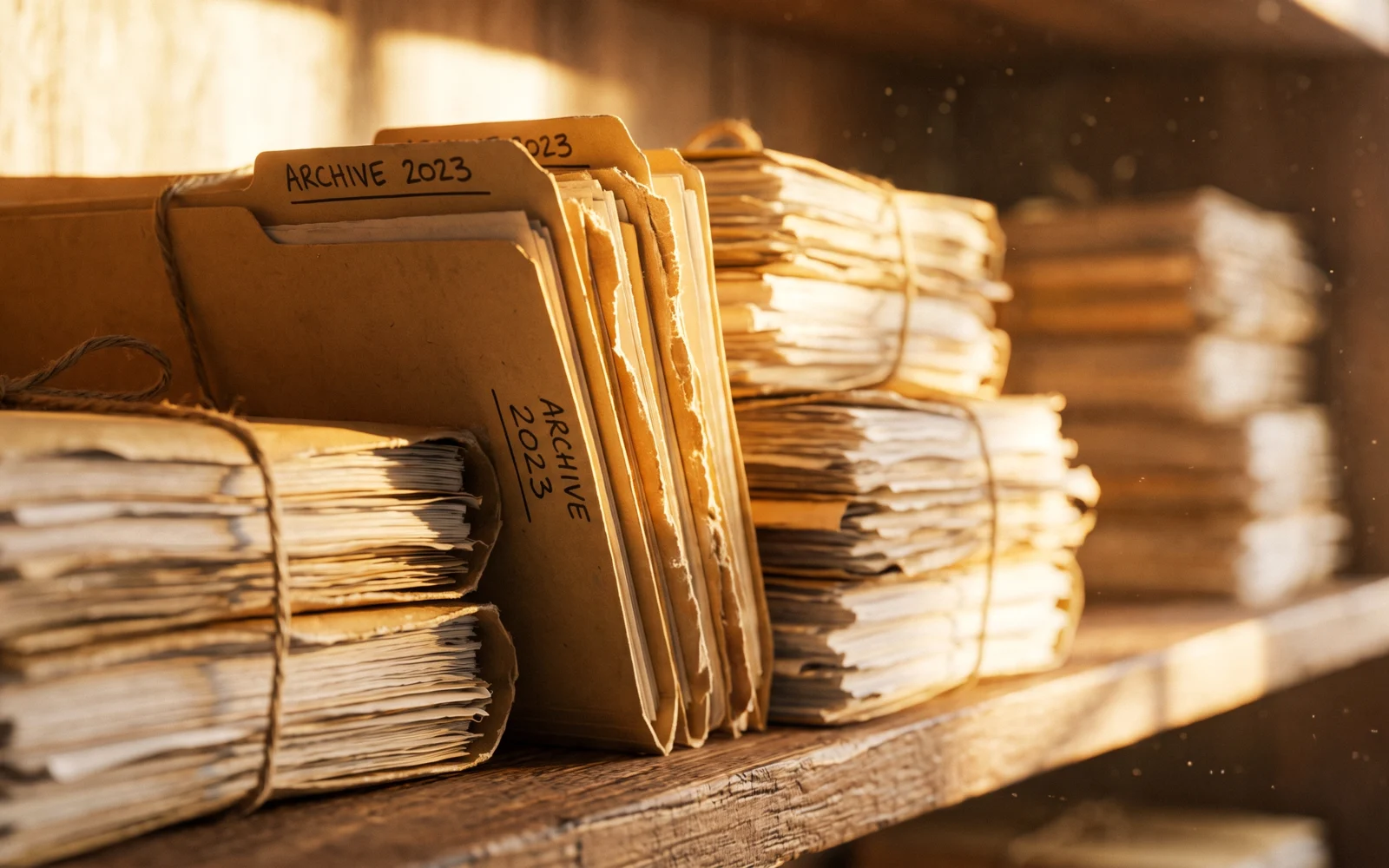 A stack of archived case files, in a navy duotone.