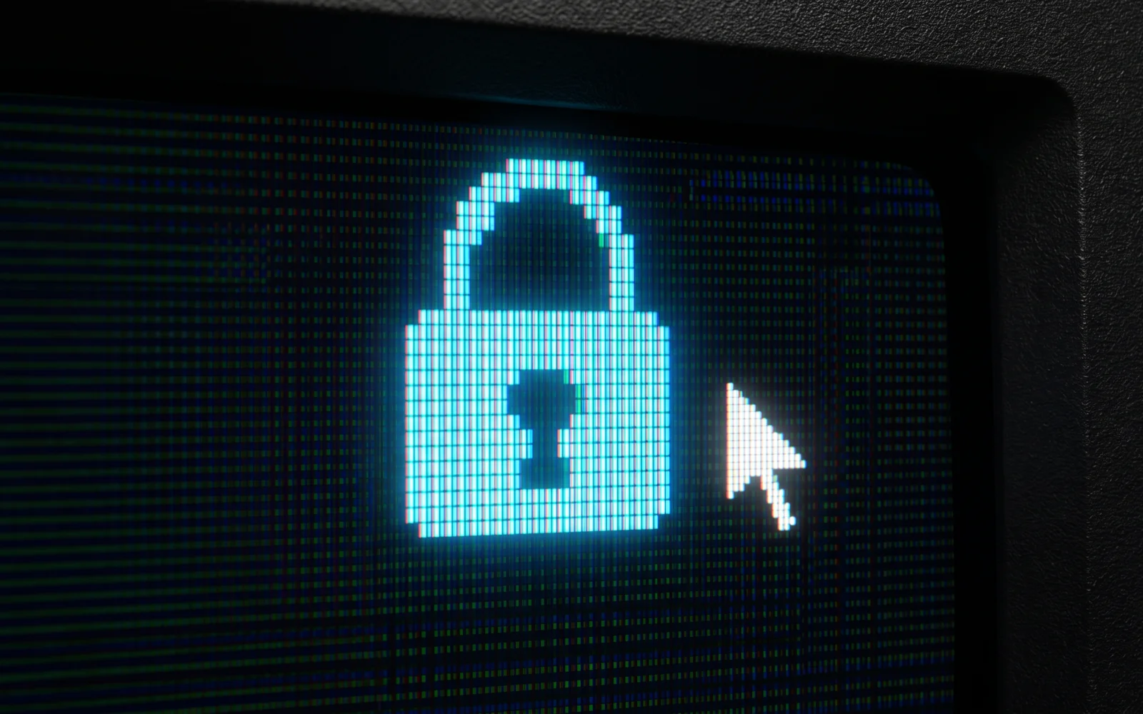 A screen displaying the word Security, in a navy duotone.