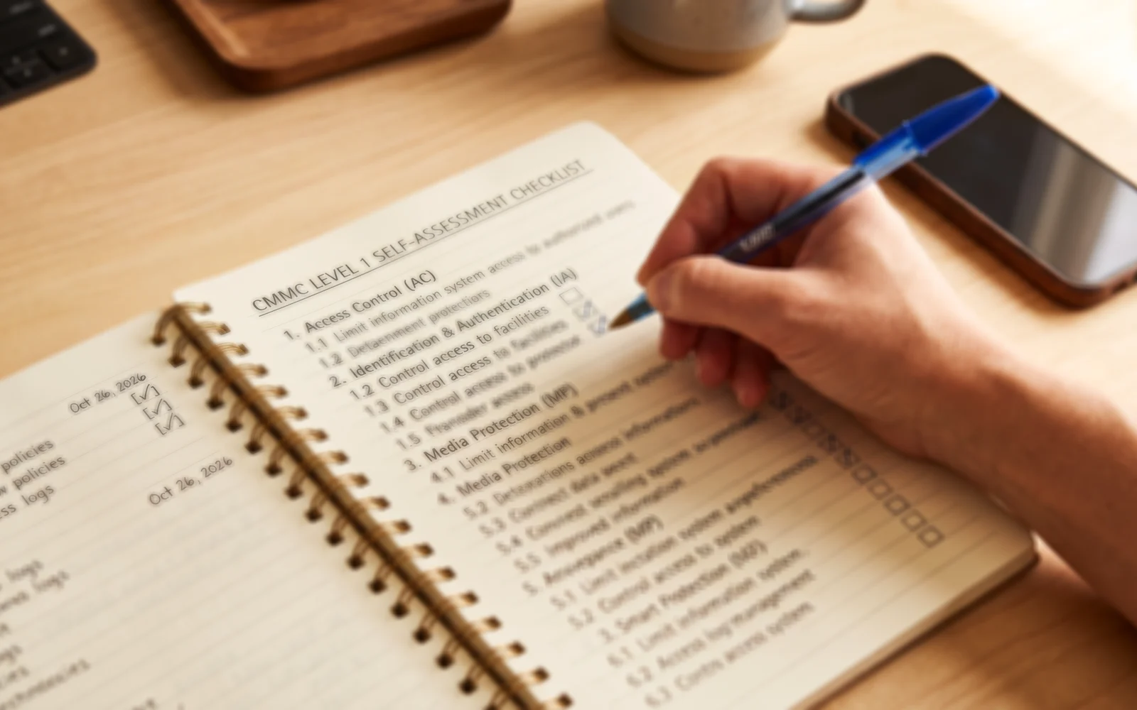 A hand ticking off a handwritten checklist, in a navy duotone.
