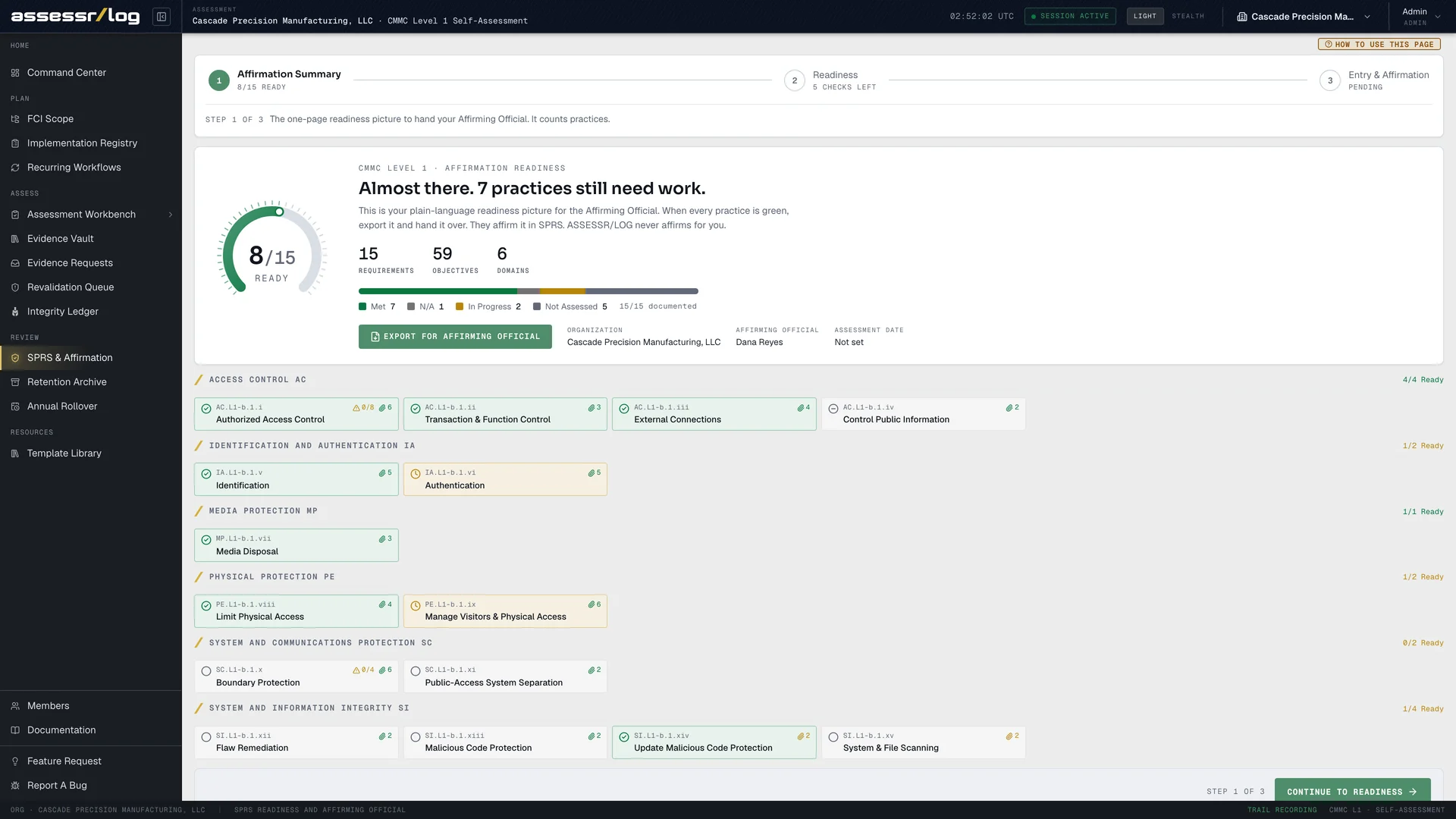 The AssessrLog affirmation summary an affirming official reviews before affirming in SPRS.