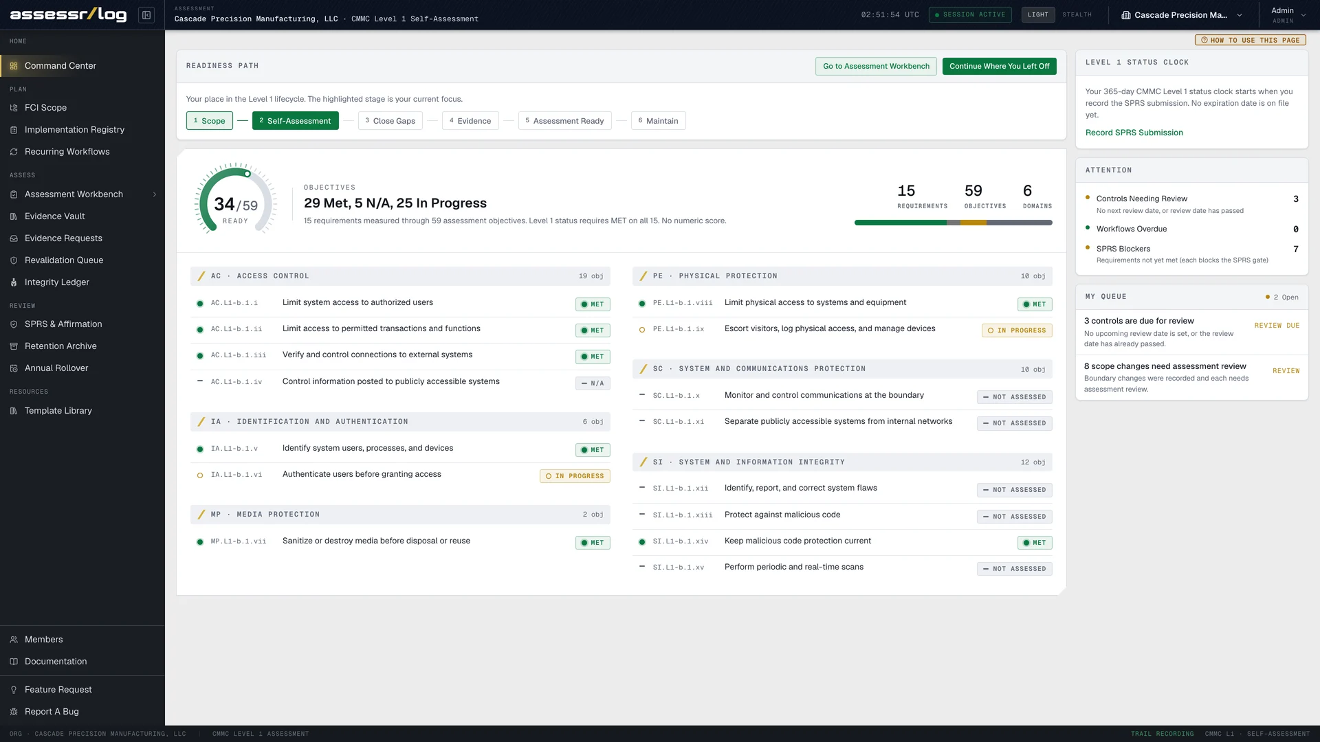 The AssessrLog Command Center, tracking the 15 requirements and 59 objectives across the six domains with the Ready gauge.