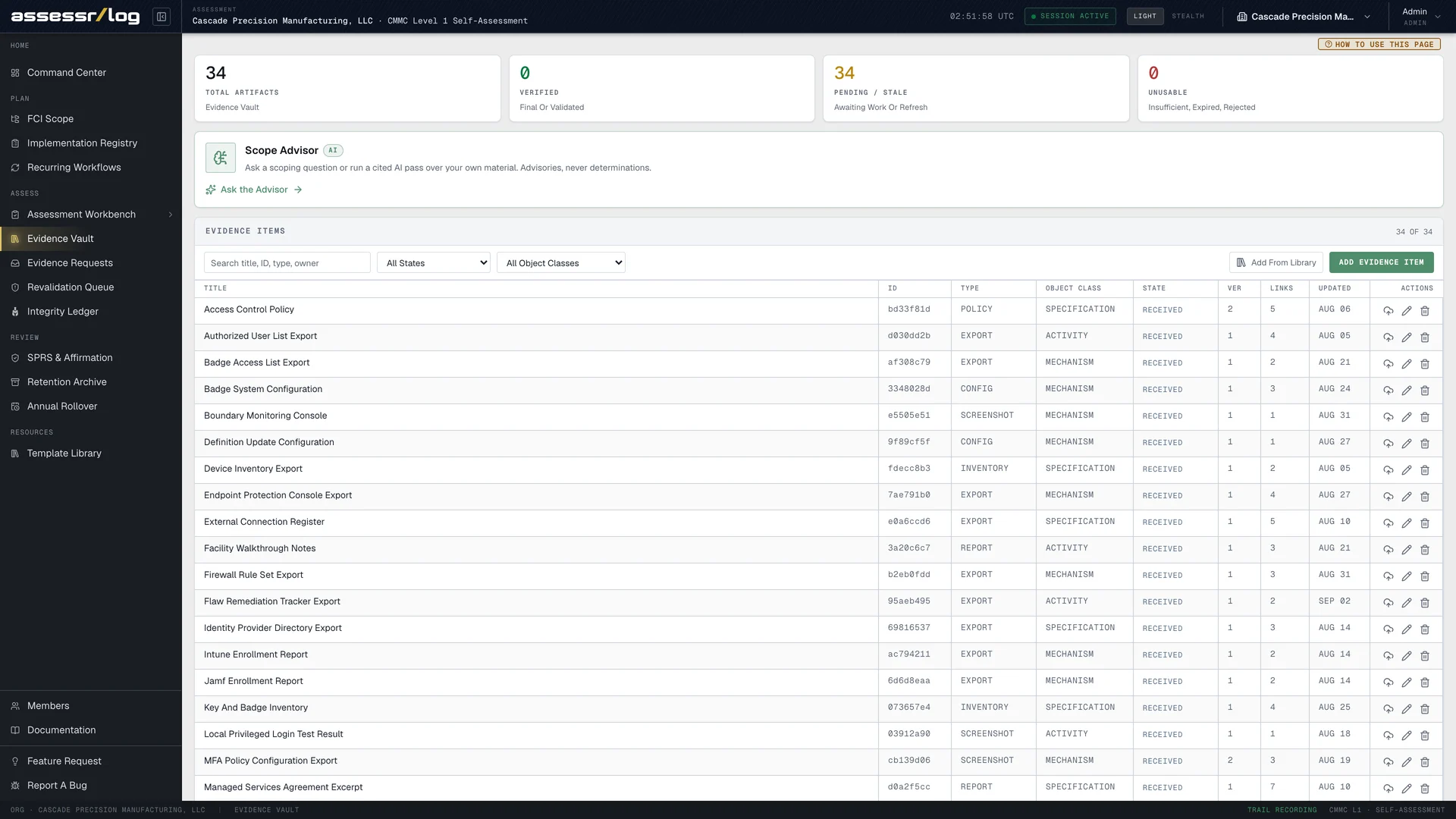 The Evidence tab in the AssessrLog assessment workbench, listing the artifacts uploaded to back an objective.