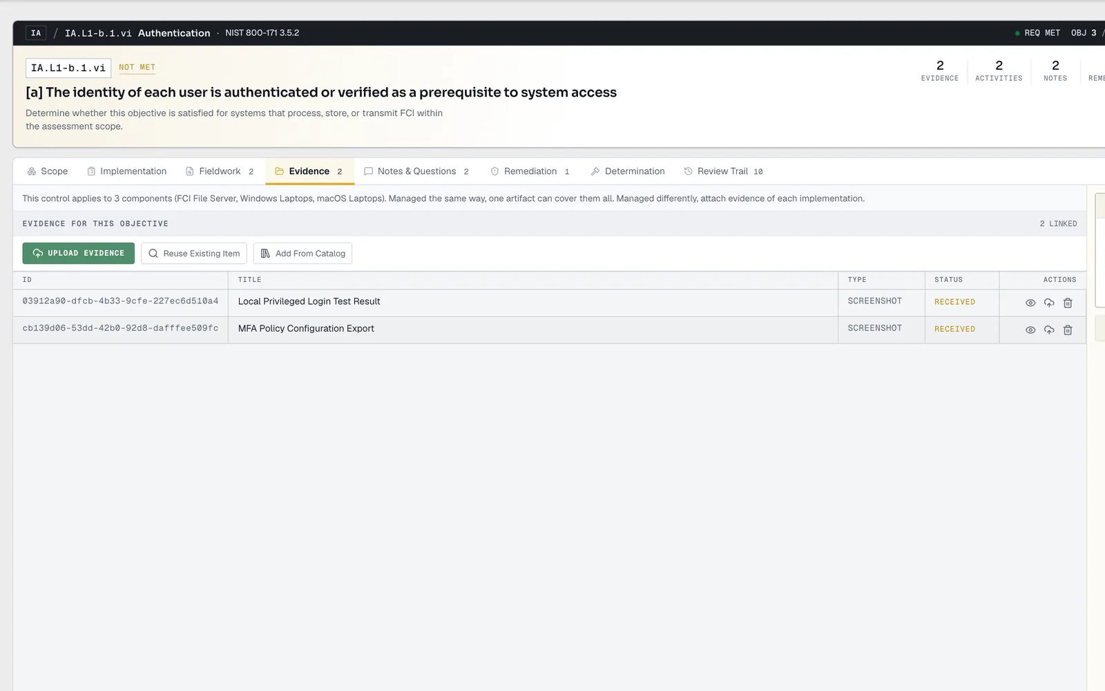 AssessrLog objective workbench, Evidence tab