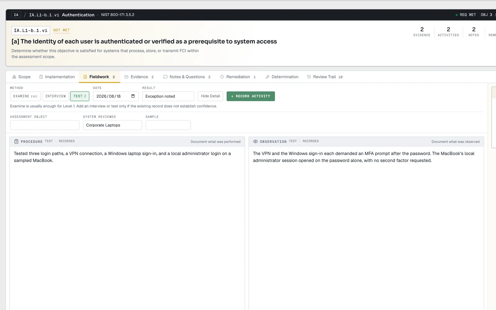 AssessrLog objective workbench, Fieldwork tab