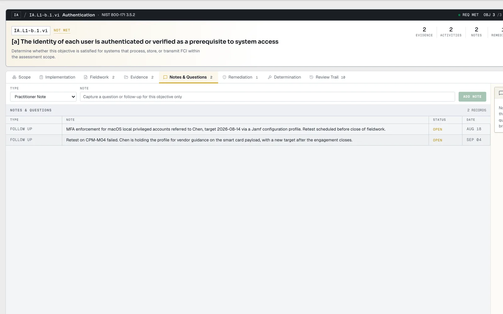 AssessrLog objective workbench, Notes & Questions tab